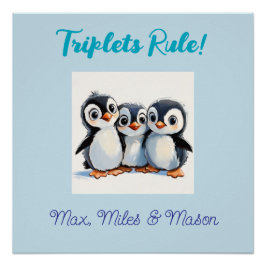 Póster Cartaz Personalizado Para Trigêmeos, Pinguins Fofo