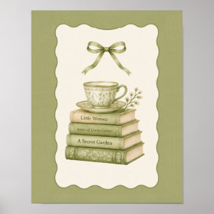 Poster (CARTAZ) Pilha de Livros Verdes Vintage e Xícara d