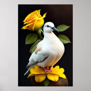 Poster Cartaz - Pombo Branco Flores Amarelas Paz