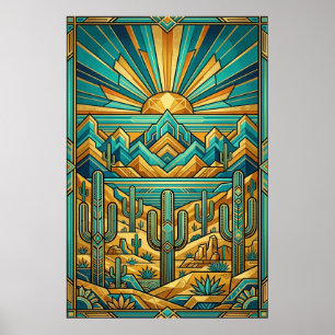 Poster Cartaz pôr do sol no deserto em Art Déco - Saguaro
