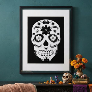 Poster Cartaz Preto e Branco do Crânio de Açúcar Mexicano
