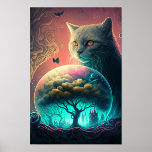 Poster Cartaz Psicodélico de Gato Místico Gato Cósmico