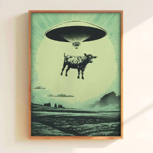 Poster Cartaz Retro de Abdução de Vaca UFO Parede Arte Al