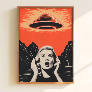 Poster Cartaz Retro de Arte de Invasão Alienígena UFO Est