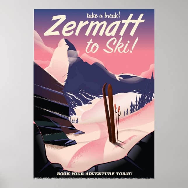 Poster Cartaz retro de férias Esqui Zermatt (Frente)