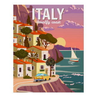 Póster Cartaz Retro Itália, vista romântica mediterrânea