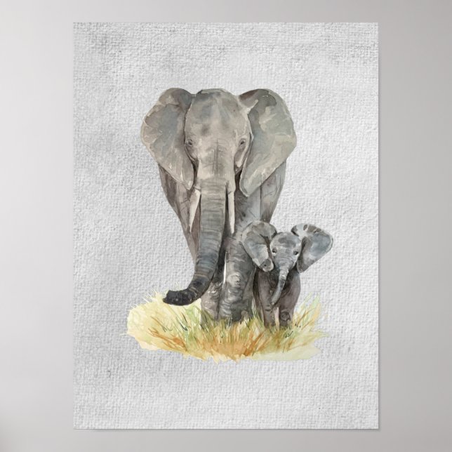 Poster Cartaz Texturizado de Elefante Mãe e Bebê (Frente)