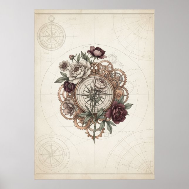 Poster Cartaz Vintage de Compasso Steampunk com Rosas (Frente)