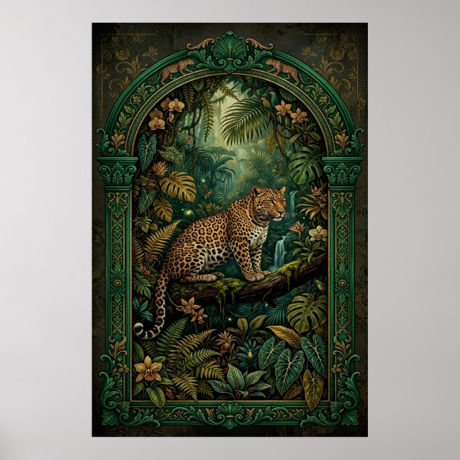 Poster Cartaz Vintage de Leopardo Tropical (Frente)