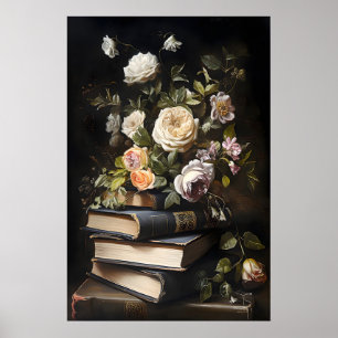 Poster Cartaz Vintage de Livros Florais, Dark Academia