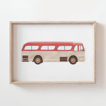 Cartaz Vintage de Ônibus com Aquarela Vermelha