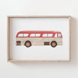 Poster Cartaz Vintage de Ônibus com Aquarela Vermelha