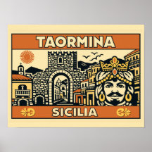 Cartaz Vintage Taormina Sicília Xilogravura