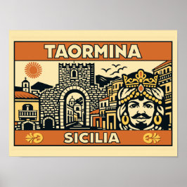 Poster Cartaz Vintage Taormina Sicília Xilogravura