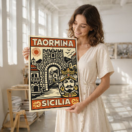 Poster Cartaz Vintage Xilogravura Taormina Sicília