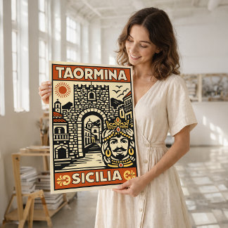 Poster Cartaz Vintage Xilogravura Taormina Sicília