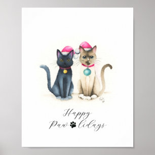 Poster Cartazes de Natal de Gatos em Aquarela