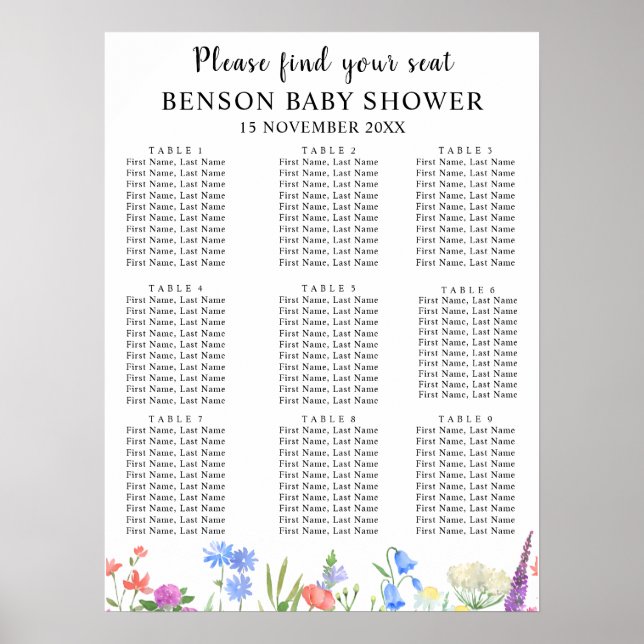 Poster Cartões de Assento para Chá de Bebê de Flor Silves (Frente)