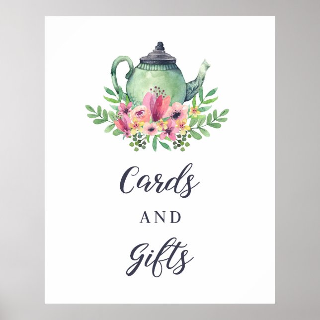 Poster Cartões de bule de chá em aquarela e placa de sina (Frente)