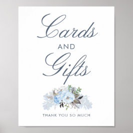 Poster Cartões de Casamento Floral Dusty Blue e Sinal de