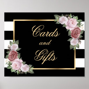 Poster Cartões de Casamento Floral Preto Elegante e Sinal
