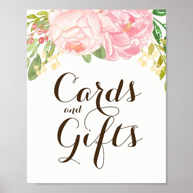 Póster Cartões de peonias cor-de-rosa e sinal de presente (Frente)