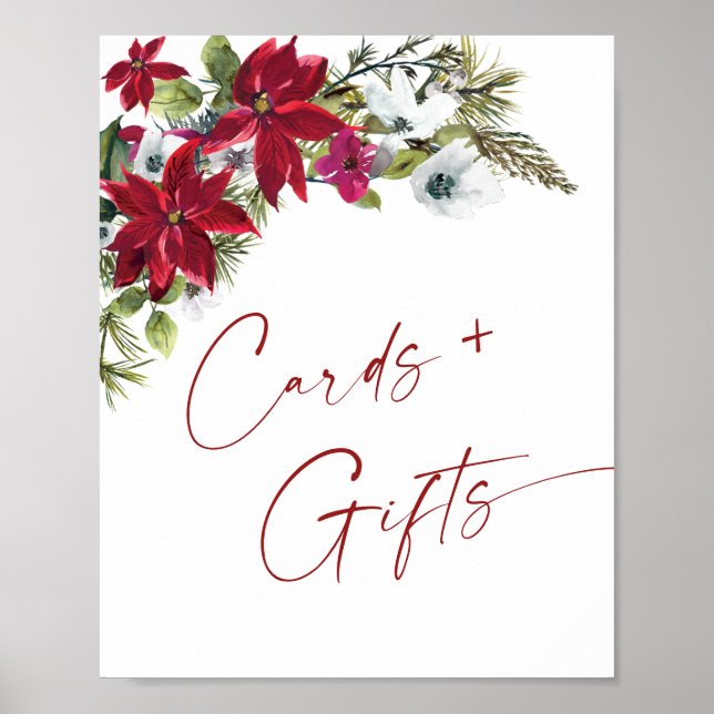 Poster Cartões de Poinsettia Vermelha Elegante e Casament (Frente)