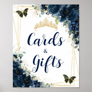 Poster Cartões de Quinceañera Dourados Florais Azul marin