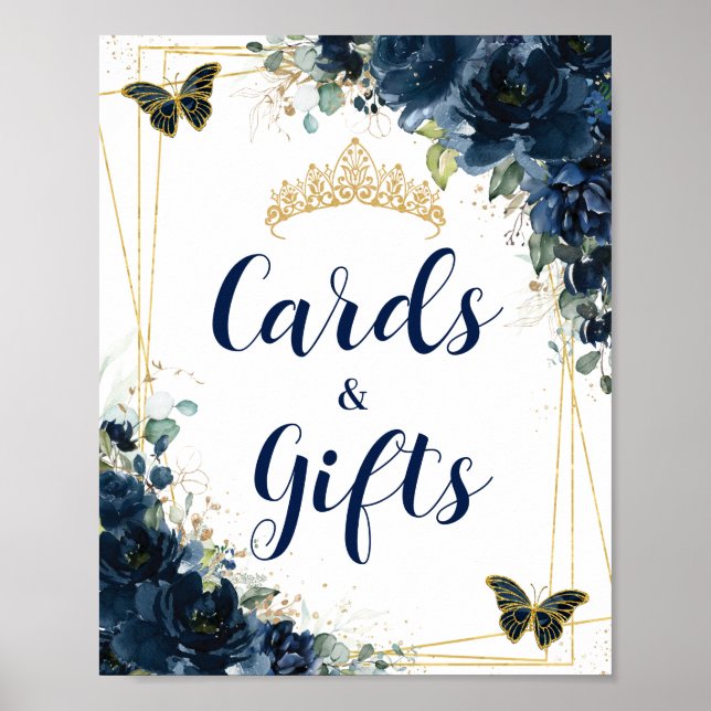 Poster Cartões de Quinceañera Dourados Florais Azul marin (Frente)