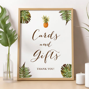 Poster Cartões e abacaxi tropical das folhas do sinal do