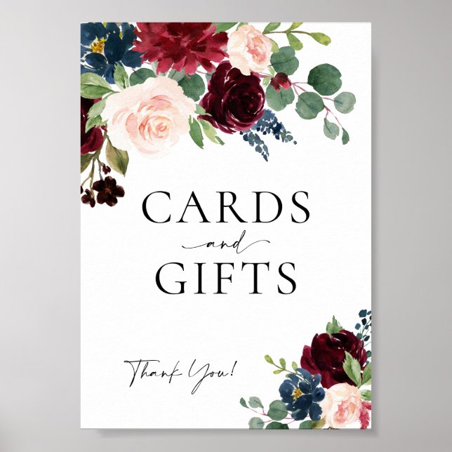 Poster Cartões e presentes Boho Floral Burgundy Sinal de  (Frente)