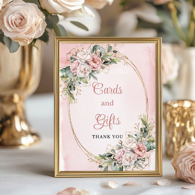 Poster Cartões e Presentes de Bebê em Pink Po dusty e Ver (Dusty Pink Greenery Cards and Gifts Baby Shower Sign)