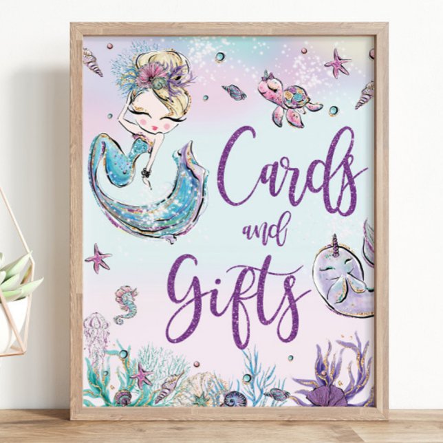 Poster Cartões e presentes de Chá de fraldas de aniversár (zazzle-mermaid-blonde-girl-under-the-sea-ocean-pool-1st-birthday-baby-shower-cards-and-gifts-sign)