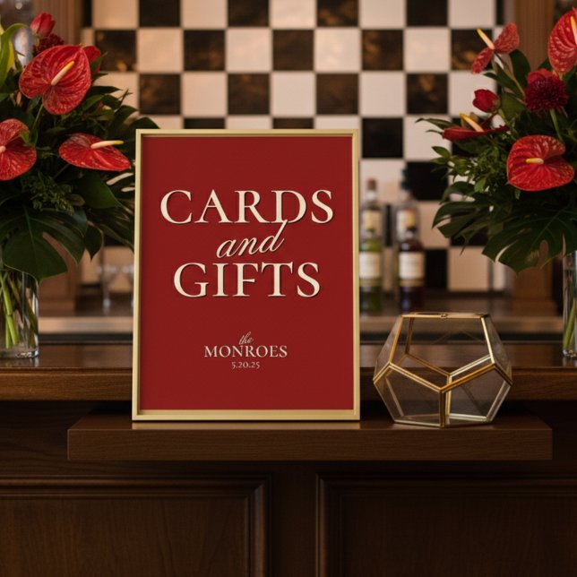 Poster Cartões e presentes de Chá de panela de Casamento  (Add a touch of timeless elegance to your gift table with this Old Money Bold Red Sign!)