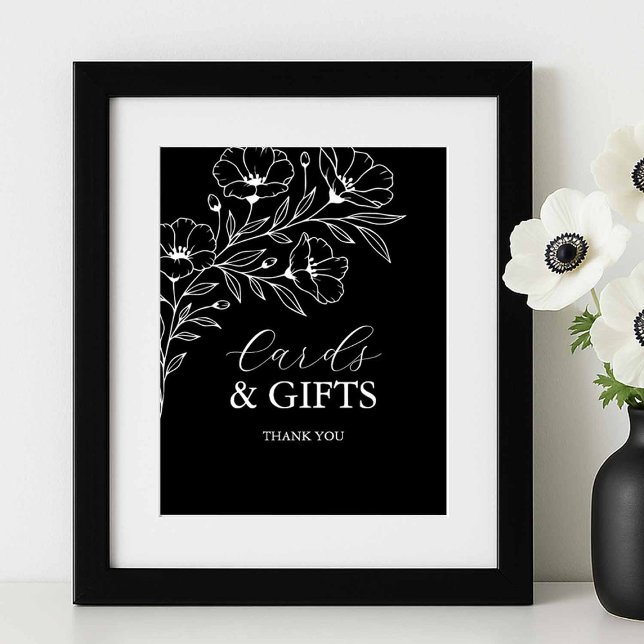 Poster Cartões e presentes para casamento de preto e bran (black and white wedding signs cards and gifts floral line art Victoria Grigaliunas of Tell A Belle)
