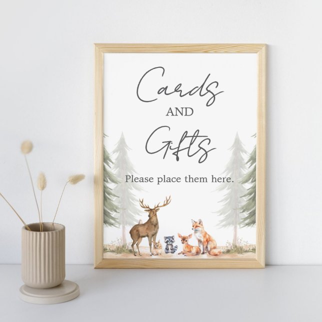 Poster Cartões e Presentes para Chás de Bebê de Aventura  (Let the Adventure Begin Woodland Baby Shower Cards and Gifts Sign)