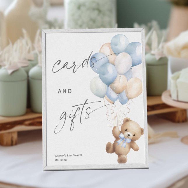 Poster Cartões e presentes, sinal azul de espera. (Blue Baby Boy Shower, We Can Bearly Wait Themed Cards and gifts sign)