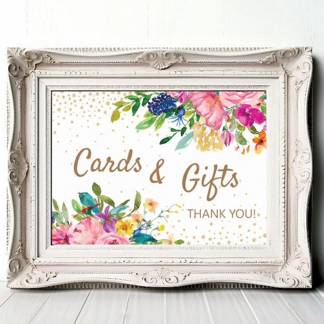 Poster Cartões Presentes Florais Rosa Chás de Bebê (Pink, blue, and yellow watercolor floral and gold glitter baby shower cards and gifts sign)