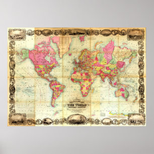 Poster Cartografia Vintage do Mapa Mundial Antiquado