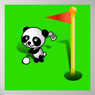Póster Cartoon Baby Panda Bear Golfing sobre o Verde