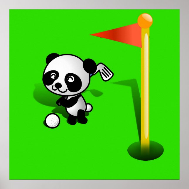 Póster Cartoon Baby Panda Bear Golfing sobre o Verde (Frente)