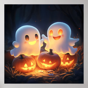 Poster Cartoon Bonito de Halloween Fantasmas Brilhantes