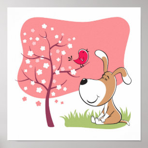 Poster Cartoon Cão Puppy Pássaro Sangue Flor Rosa Primave