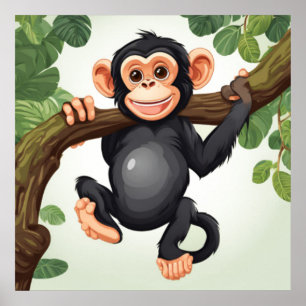 Poster Cartoon Chimpanzé Engraçado e Bonito