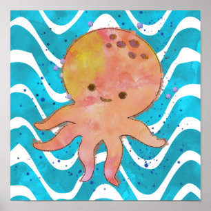 Poster Cartoon de Cores Aquáticas de Octopus