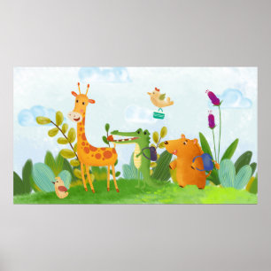 Poster Cartoon de Escolas de Animais Selvagens Adoráveis
