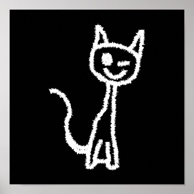 Póster Cartoon de Gato Branco Bonito. Em Preto. (Frente)