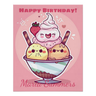 Póster Cartoon de Gelado Kawaii do Partido Feliz Aniversá