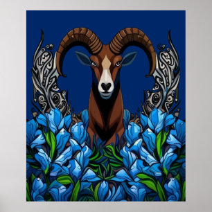 Poster Cartoon de um carneiro selvagem com o azul Colorad