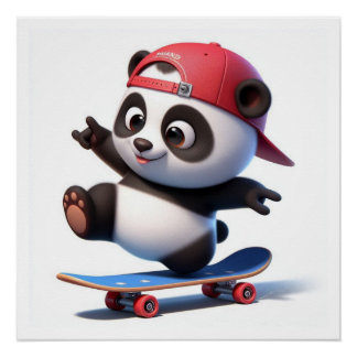 Póster Cartoon divertido Panda no skate